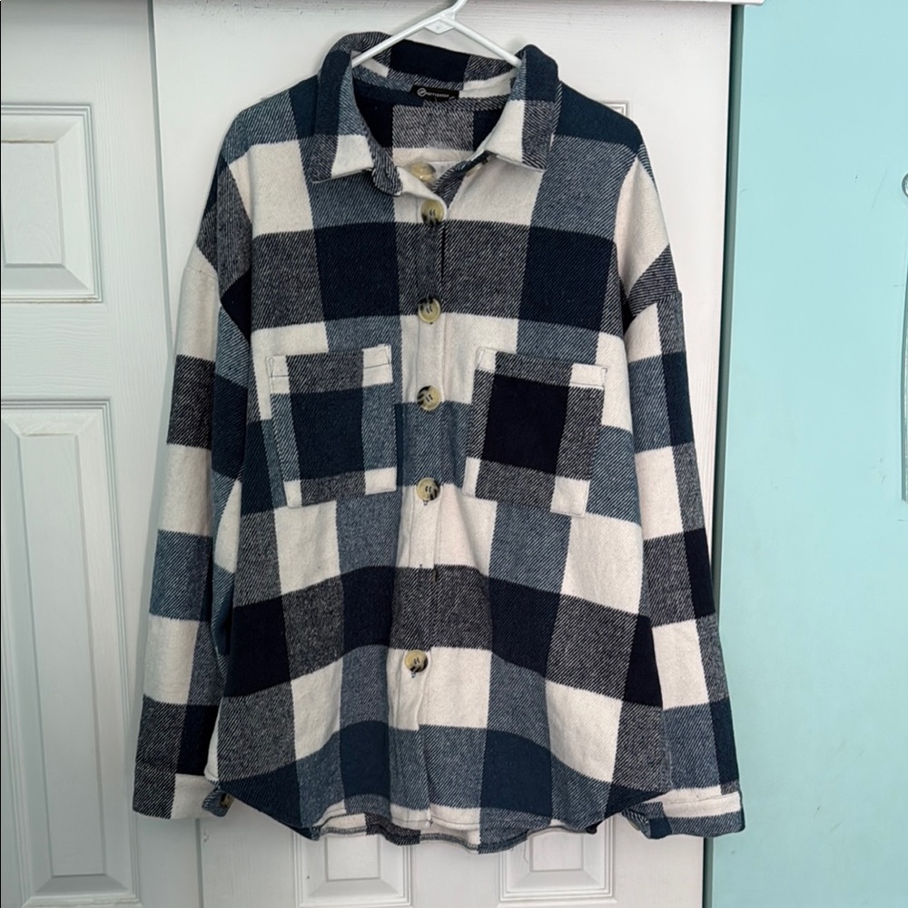 Plaid Button-Up Shirt in Blue and White